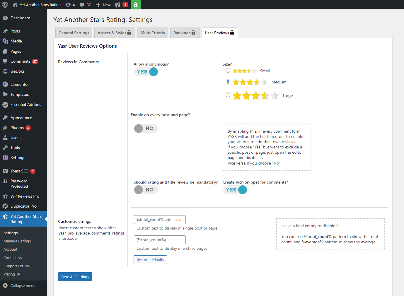 The YASR star ratings options panel